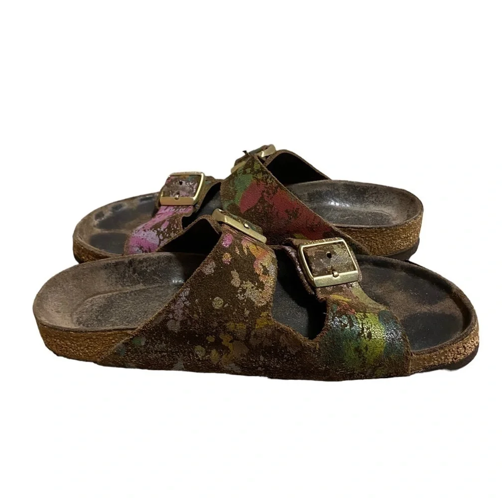 BIRKENSTOCK ARIZONA Flower Crush Mocca Leather Sandals Slide US5 EU36 UK3 Womens